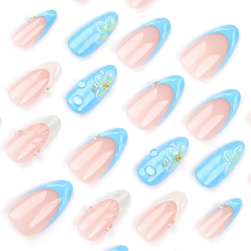 ASABITE 24 Pcs Blue Almond Press on Nails Medium Length Fake Nails 3D Flower and Water Ripple Design Artificial Acrylic Nails Press ons Cute French Tip False Nails Summer Glue-Free Nails for Women - Image 3